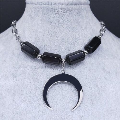 2021 Witchcraft Moon Stainless Steel Obsidian Charm Necklaces Silver Color Chocker Necklace Women Jewelry colgante N3107S04