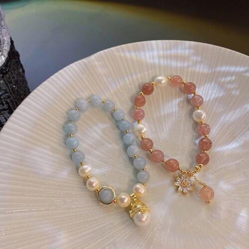 Origin Summer Textured Pink Blue Freshwater Pearl Bracelets for Women Rhinestone Crystal Beaded Gold Flower Bracelets Jewellery