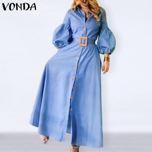 Elegant Office Ladies Dress 2021 VONDA Autumn Spring Women Long Dresses Lady Lantern Sleeve Lapel Collar Sundress Oversized Robe