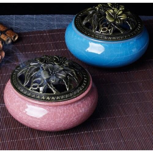 Incense Burner with Calabash Stick Holder Porcelain Charcoal Censer with Resin Granular Powder Cone or Coil Incense Buddhist