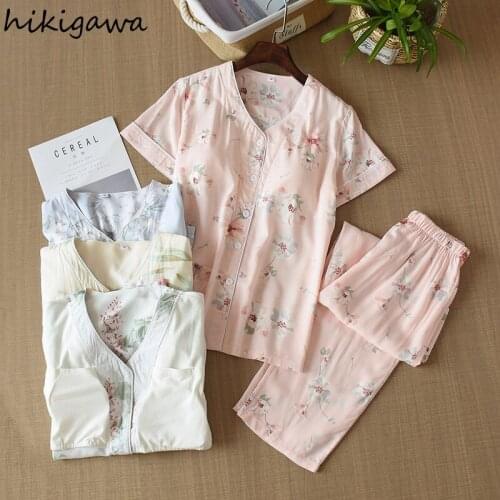 Hikigawa Japanese Summer Ladies Cotton Short Sleeve Trousers Pajamas Suit Floral Print Thin Section Home Service Suit for Woman