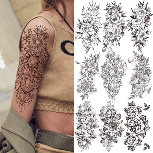 Henna Flower Temporary Tattoo For Women Girl Adult Peony Orchid Rose Tattoos Sticker Black Realistic Fake Butterfly Arm Tatoos