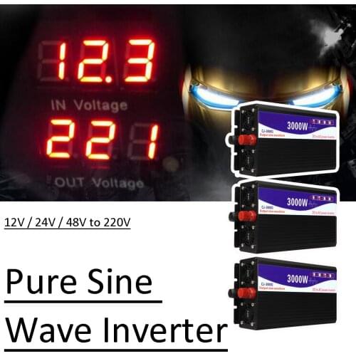 Pure Sine Wave 3000W 12V/24V/48V to 220V Power Inverter Home Converter Peak 1500W Double-LCD Display for Car Home Power Supply
