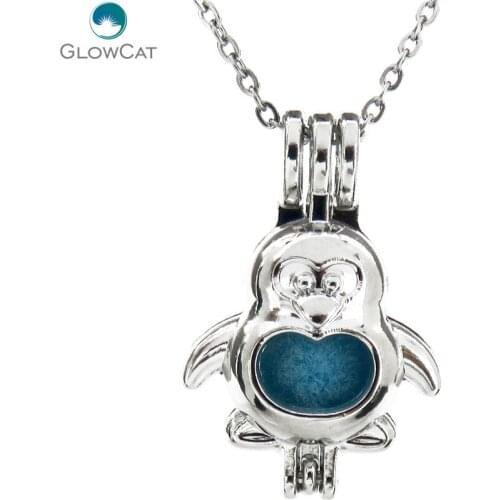 K599 Silver 27mm Cartoon Animal Penguin Beads Cage Necklace 18" Aroma Essential Oil Diffuser Locket - Kids Party
