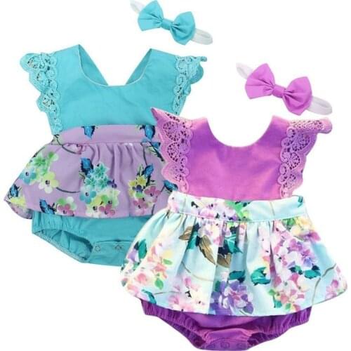 Summer Newborn Baby Girl Bodysuit Infant Girls Floral Pattern Lace Sleeveless Clothes Jumpsuit +Bowknot Headband Baby Clothing