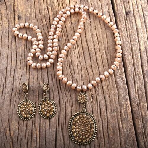 MD Fashion Boho Jewelry Set Glass Long Knotted Metal Pave Crystal Dorp Necklace Earring Set Women Gift Dropship