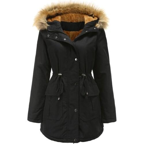 Fashion Velvet Women Cotton-padded Jacket Plush Hooded Fur Collar Winter Coat Warm Parka Plus Size Khaki Solid Color Tops Ladies
