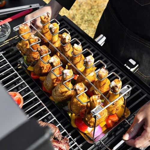 Stainless Steel Chicken Wing Leg Rack Grill Holder with Drip Pan for BBQ quality BBQ Rib Non Stick Carbon Barbecue Accessories