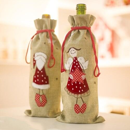 Christmas Decorations for Home Burlap Embroidery Angel Old Man Wine Bottle Cover Set Christmas Gift Bag Santa Sack Xmas Decors