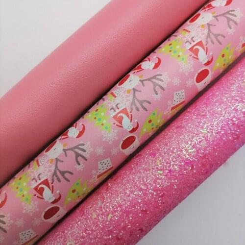Pink Glitter leather, Smooth Faux Leather Sheets, Christmas Snowman Printed Synthetic Leather For Bows Earrings 21x29CM KM164