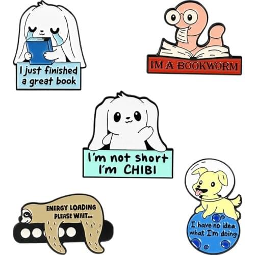 Bookworm Hard Enamel Pins Rabbit Dog Sloth Brooches Women Men Lapel Badges Backpack Collar Fashion Jewelry Gifts For Kids Friend