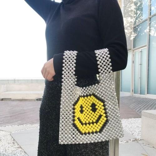24x21CM Smiley Pattern Beaded Bag Pearl Bag Fairy Hand-woven Bag Handbag Large Capacity Fashion Temperament Women bag