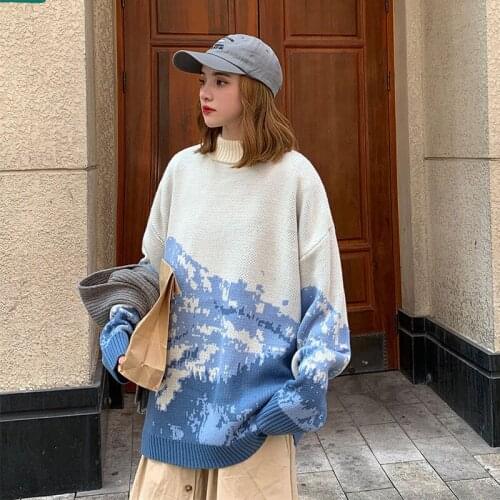 Print Knitted Sweater Women Elegant Blue Snow Mountain Loose Harajuku Clothes for Teens Streetwear Men Pullover Sweater Lazy
