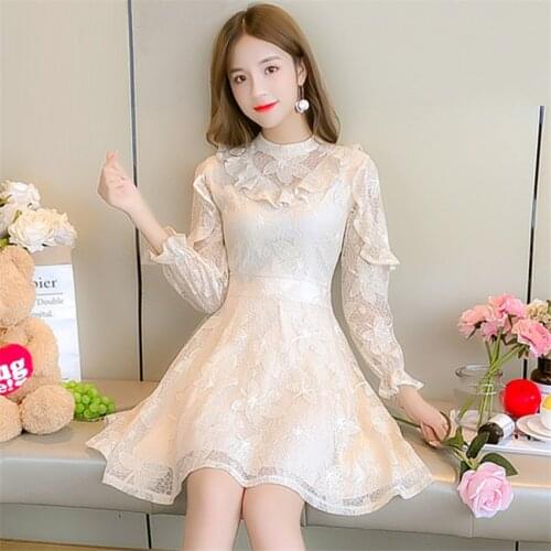 2019 Spring Autumn Big Size Women Long Sleeve Lace Dress Elegant Slim Lady Dressess Vestidos Party Hollow Out Dress Mini WZ702