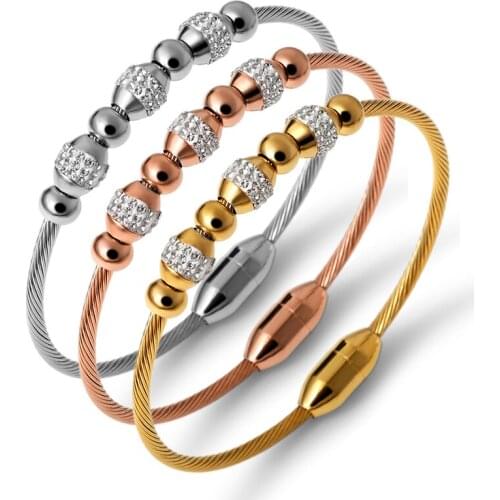 Vintage Cubic Zirconia Crystal Bead Bangle For Women Stainless Steel Wristband Bracelets & Bangles Luxury Band Jewelery Bijoux