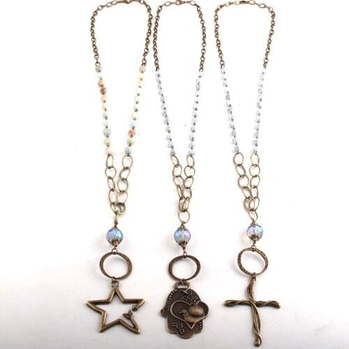 Fashion Jewelry 8mm Stone & Glass Crystal Long Chain Metal Cross Pendant Necklaces For Women Ethnic Necklace