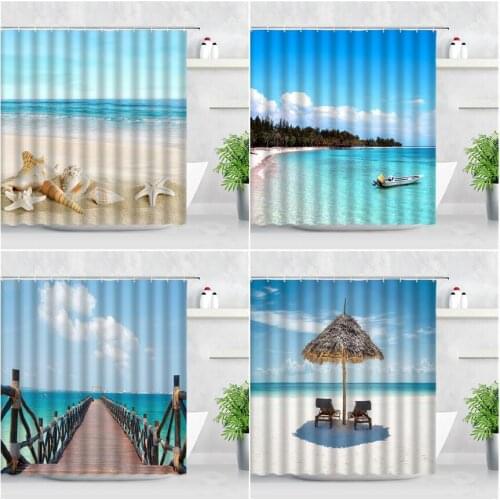 Blue Ocean Landscape Shower Curtains Beach Shell Starfish Resort Scenery Waterproof Fabric Bathroom Decor Hooks Bath Curtain Set