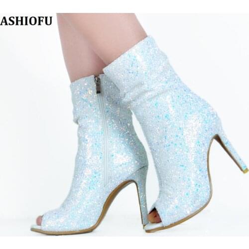 ASHIOFU New Handmade Womens High Heel Boots Peep-toe Autumn Party Prom Ankle Boots Nubuck Evening Fashion Dress Boots Shoes