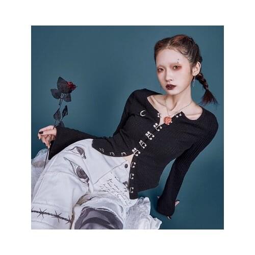 Ruibbit Spring Autumn New Women Gothic Knitting Harajuku Punk Moon print Slim Vintage Cardigan Single Breasted Flare Sleeve Top