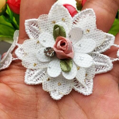 10x Vintage 3D Diamond Rose Flowers Embroidered Lace Trim Ribbon Floral Applique Patches Dress Fabric Wedding Sewing Craft 5X5CM