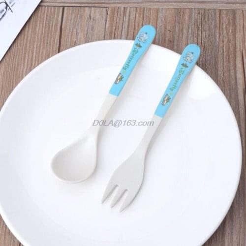 2pcs/Set Bamboo Fiber Environmental Protection Creative Cute Spoon Fork Children Gift Tableware Baby Spoon Fork