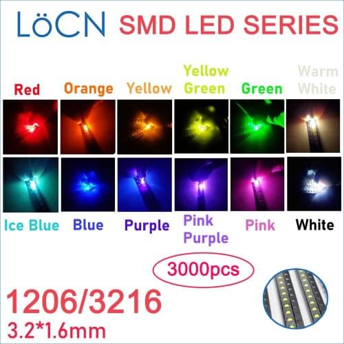 3000PCS SMD LED 1206 3216 red white pink purple blue yellow green red orange High Light ice warm white jade pure green clear