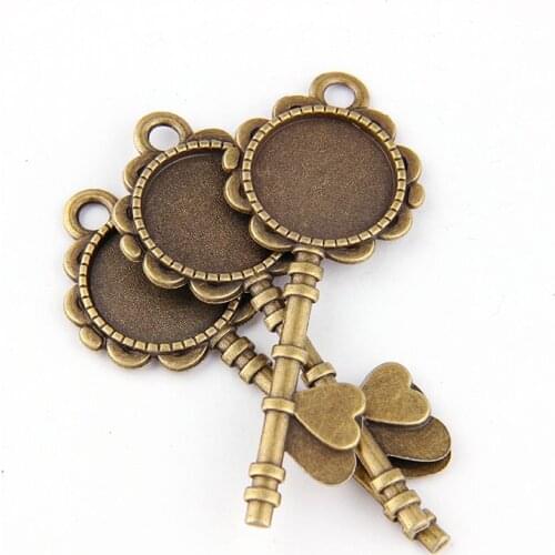 5pcs DIY Antiqued Bronze Vintage Alloy Love Key Round Cameo Cabochon Base Setting Necklace Pendant Tray 20mm Jewelry Blanks