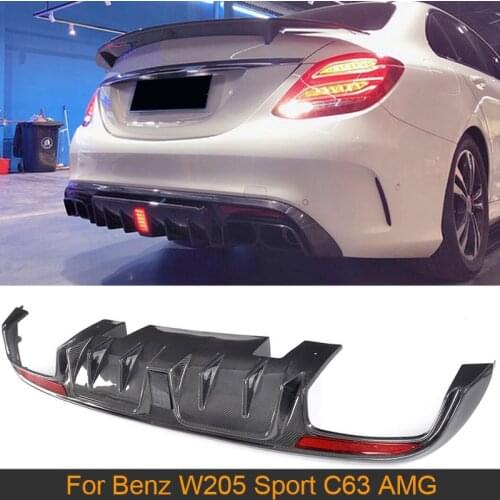 Car Rear Bumper Diffuser with Lamp For Mercedes-Benz C Class W205 Sport C63 AMG 2015-2017 Rear Diffuser Lip Spoiler Carbon Fiber