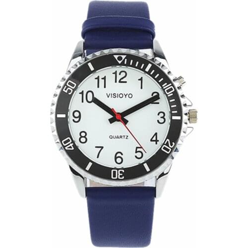 French Talking Watch with Alarm,Talking Date and Time,White Dial,Blue Leather Band TFBW-1503