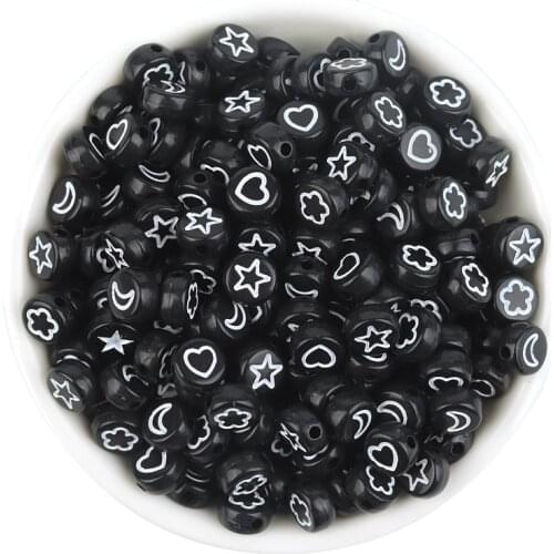 Black White 7mm Round Flat Acrylic Flower Star Moon Heart Loose Spacer Beads For Diy Jewelry Making Bracelet Necklace Ear