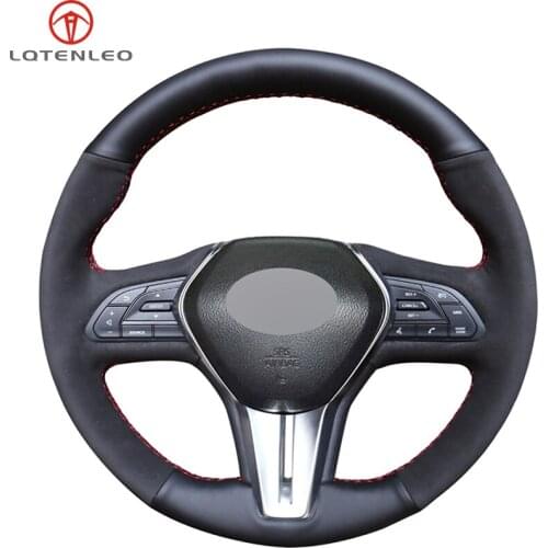 Black Genuine Leather Suede DIY Hand-stitched Car Steering Wheel Cover For Infiniti Q50 2017-2019 Q60 2015-2019 QX50 2018-2019