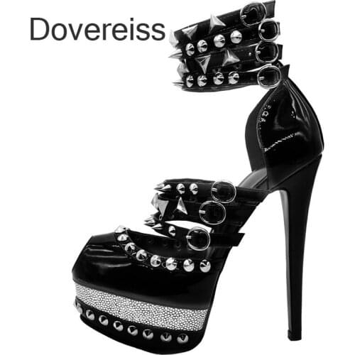 Dovereiss Fashion Womens Shoes Summer Pure Color Buckle Peep Toe Rivets Platform Sexy Narrow Band New Consice Sandals 42 43