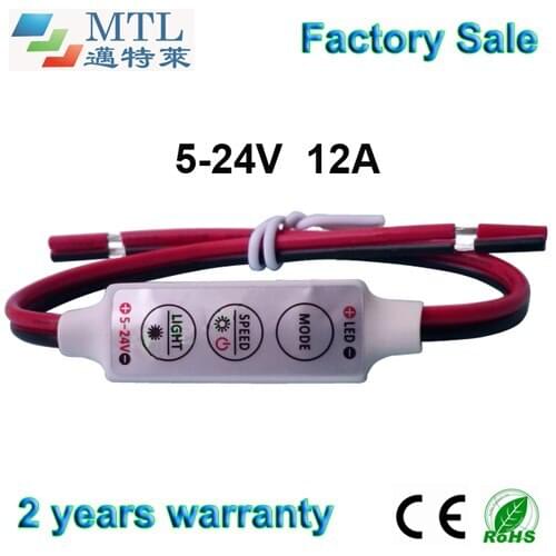 Mini LED dimmer 5-24V / 12A with ON/OFF switch, 50 pcs/lot, wire for welding, for single color LED strip, Factory Wholesale