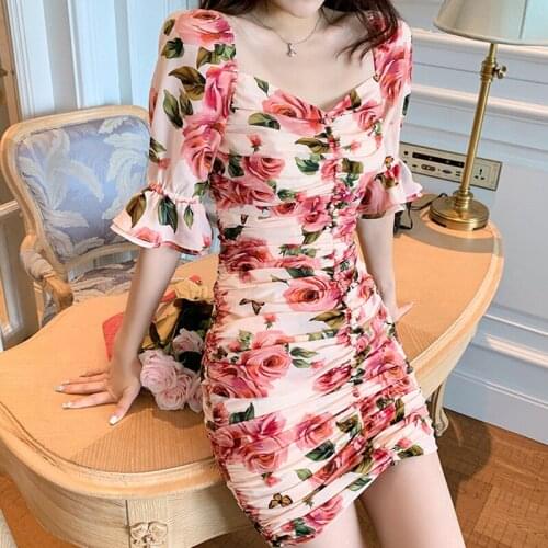 Fashion Retro French Sexy Square Collar Flare Sleeve Mini Party Dress Ladies Elegant Coffee Break Folds Floral Print Beach Dress