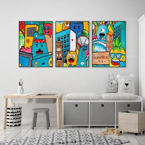 Cartoon wall art 3 piece set, boy room wall art, 3 piece set print, color print on canvas, wall art, boy room art poster