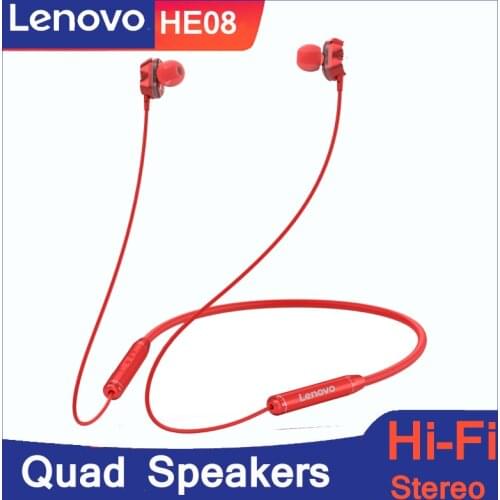 New Original Lenovo HE08 Earphone Bluetooth 5.0 4 Speakers Dual Dynamic Wireless Headset Neckband Sports Running HIFI Stereo