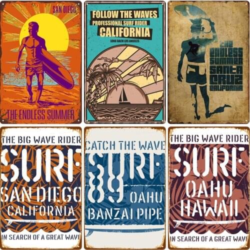 New Vintage Metal Plaque Travel Plates Decor for Bar Home Wall Beach Metal Sign Decor Surfing Zone Tin Sign California Poster