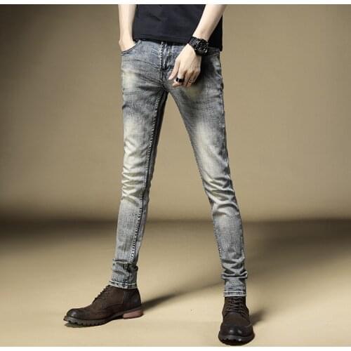 Vintage Men Jeans Cotton Straight Pants Slim Fit Streetwear Retro Blue Denim Trousers