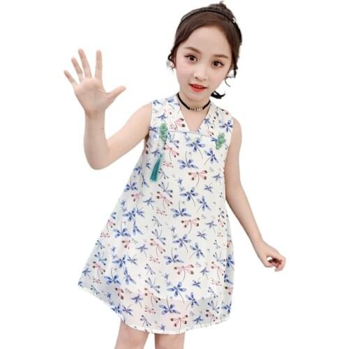 Girls summer vest dress new han dress childrens summer dress chiffon princess girls clothes 4 5 6 7 8 9 10 11 12 years old
