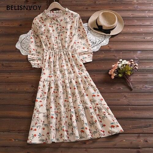 Japanese Mori Girl Spring Autumn Women Midi Dress Apricot Navy Blue Floral Printed Vestidos Corduroy Elegant Chic Ruffles Dresse