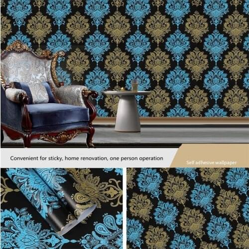 PVC Paper bedroom decor High Grade Black Gold Luxury Embossed Texture Wall Stickers 3D Damask wallpaper for wall Roll