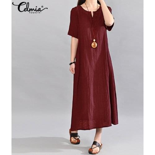 Celmia Sundress Women Vintage Linen Summer Dress 2021 Casual V Neck Short Sleeve Pockets Casual Loose Midi Vestido