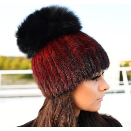 CX-C-16B Pompoms Fur Hat Fashion Ladies Big Fox Pom Pom Knitted Mink Fur Hat