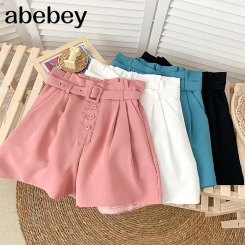 2021 New Summer Temperament All-match solid Shorts high waist slim ruched casual wide leg Shorts with belt