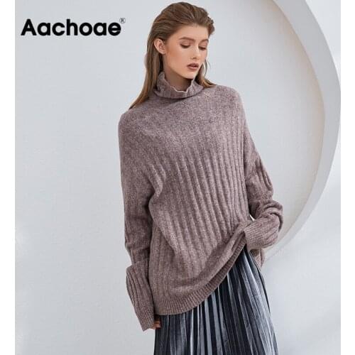 Aachoae Women Autumn Turtleneck Sweater Solid Color Batwing Long Sleeve Knitted Pullover Tops Female Fashion Casual Jumper Tops