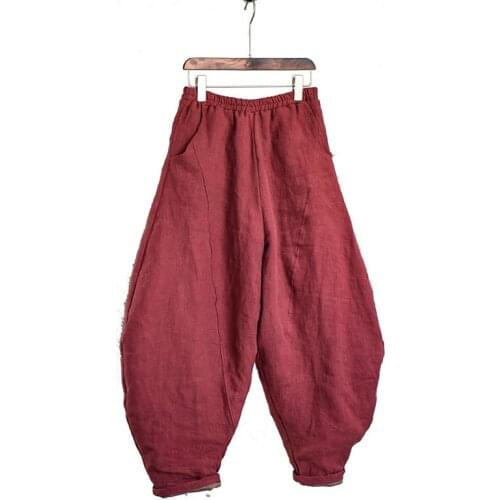 Warm Thick Pants Women Winter Solid Color Padded Wide Leg Trousers Chinese Style Baggy Vintage Elastic Waist Thick Bloomers