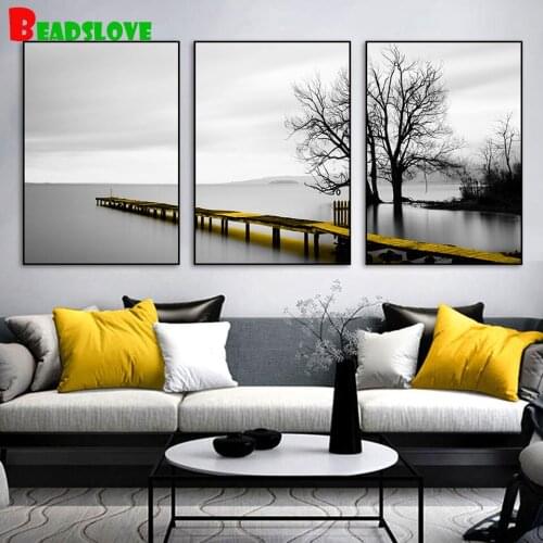 Triptych Calm Lake Bridge Tree Scene Wall Art diamond Painting 5d diamond mosaic embroidery black and white wall art room decor