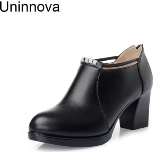 Uninnova Womens Med Heel Platform Pumps Working Career Genuine Leather Crystal Shoes Extral Small Size 33 Plus 43 WP098