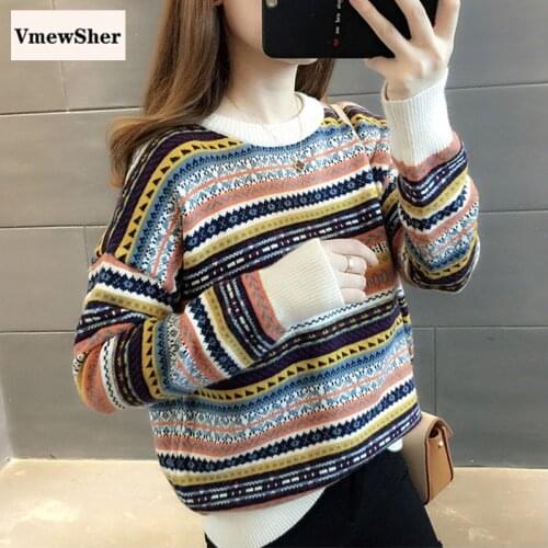 VmewSher Stripe Printted Knitted Women Sweater Fashion New Multicolor Long Sleeve Pullovers Lazy Style Loose Femal Sweater Tops