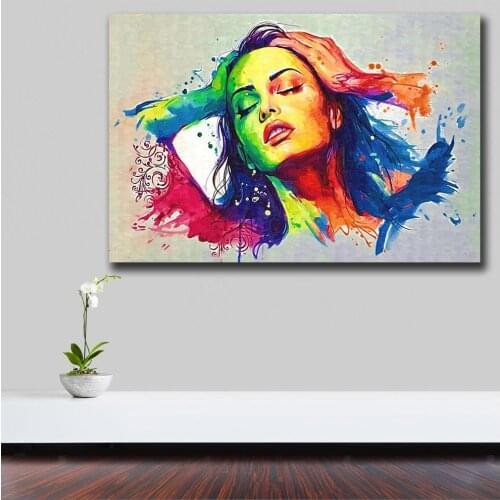 WLONG Colors Girl Face Pop Art Painting Colorful Canvas Wall Pictures for Living Room Office Bedroom Modern Canvas Oil Painting